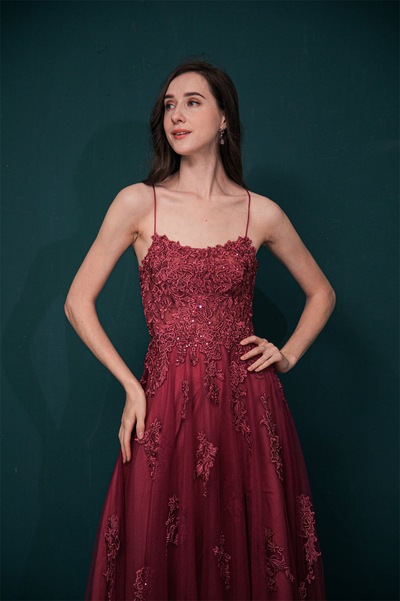 Burgundy Spaghetti Strap Lace Appliques High split Prom Dress-stylesnuggle