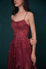 Burgundy Spaghetti Strap Lace Appliques High split Prom Dress-stylesnuggle