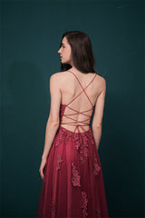 Burgundy Spaghetti Strap Lace Appliques High split Prom Dress-stylesnuggle