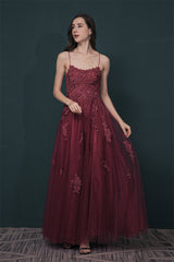 Burgundy Spaghetti Strap Lace Appliques High split Prom Dress-stylesnuggle