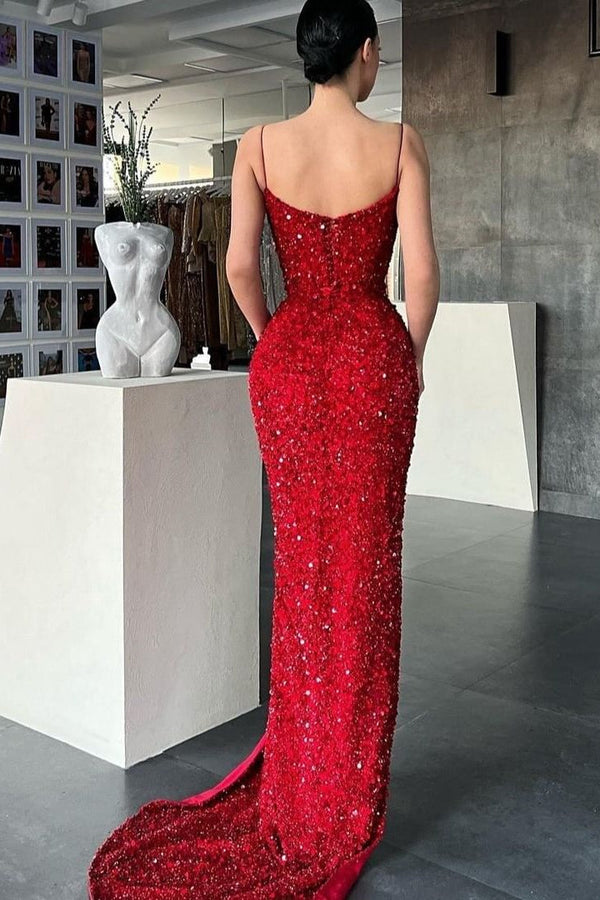 Burgundy Spaghetti-Straps Mermaid Prom Dress Long Sequins Evening Gowns With Split-stylesnuggle