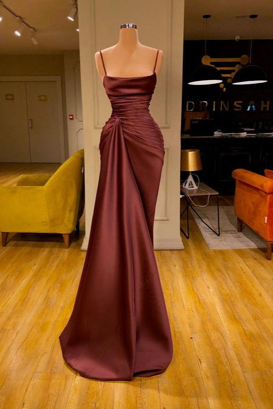 Burgundy Spaghetti-Straps Mermaid Ruffles Prom Dress Long-stylesnuggle