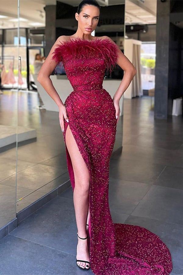 Burgundy Strapless Mermaid Prom Dress Slit With Sequins Beads Feather-stylesnuggle