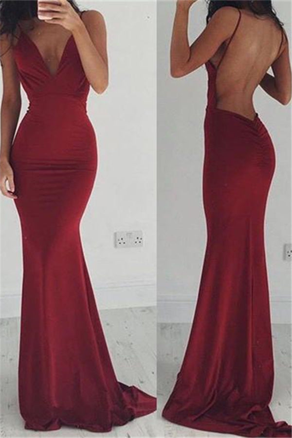 Burgundy Stretchy Spaghettis-Straps Backless Column Prom Dresses-stylesnuggle