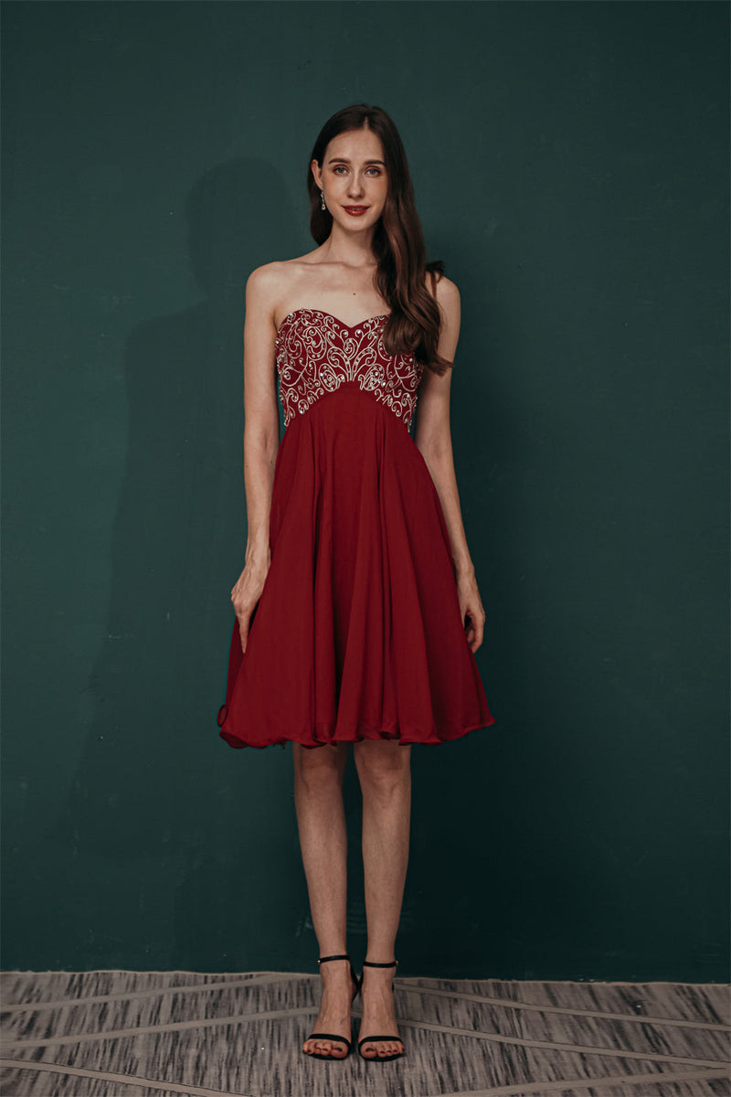 Burgundy Sweetheart Sparkle Beaded Chiffon Homecoming Dress-stylesnuggle