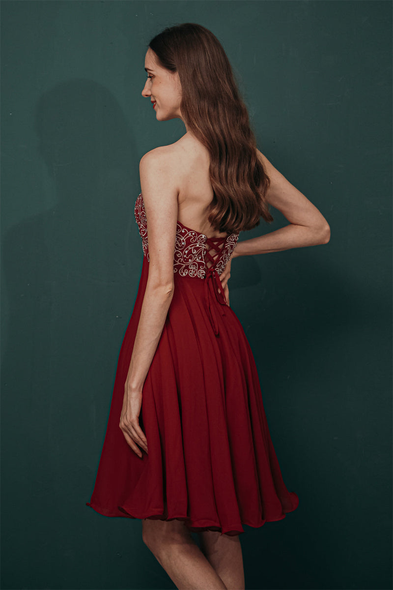 Burgundy Sweetheart Sparkle Beaded Chiffon Homecoming Dress-stylesnuggle