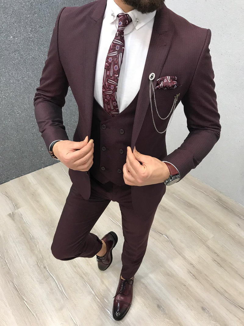 Burgundy Three Pieces Slim Fit Peaked Lapel Men Suits