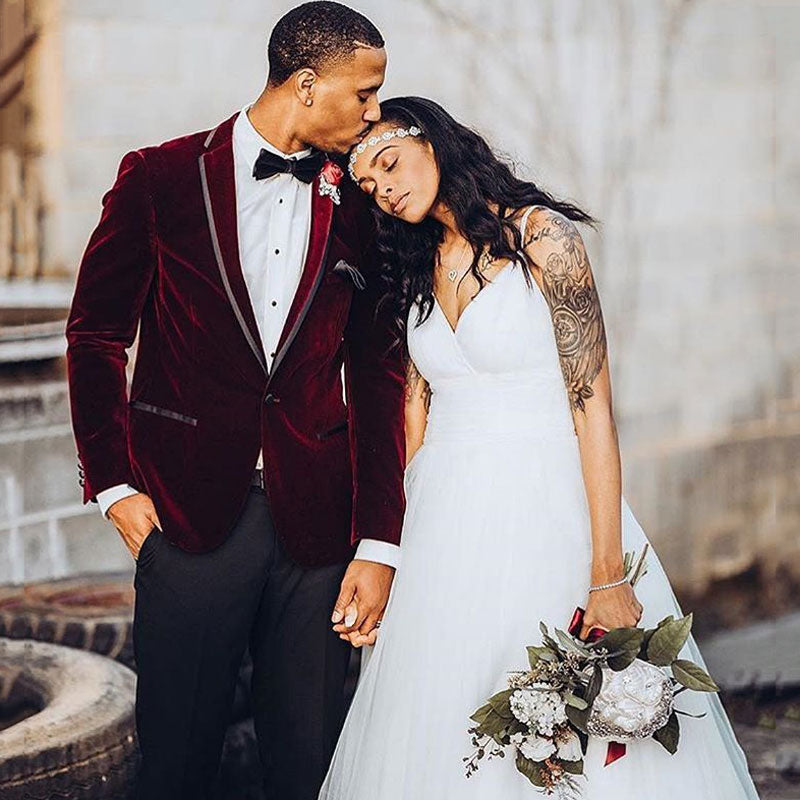 Discover the very best Burgundy Velvet One Button Wedding Groom Suit for Men for work,prom and wedding occasions at stylesnuggle. Made Burgundy Notched Lapel Mens Suits with high Quality.