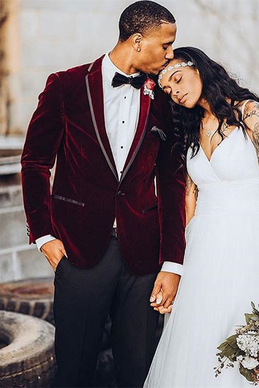 Discover the very best Burgundy Velvet One Button Wedding Groom Suit for Men for work,prom and wedding occasions at stylesnuggle. Made Burgundy Notched Lapel Mens Suits with high Quality.