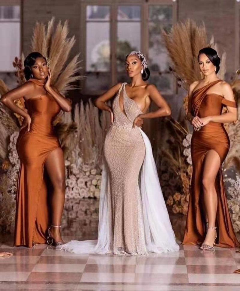 Burnt Orange Mermaid Bridesmaid Dress With Slit-stylesnuggle