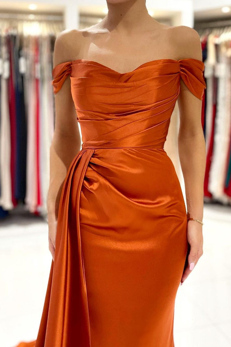 Burnt Orange Off-the-Shoulder Mermaid Prom Dress Long With Split-stylesnuggle