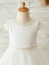 flower girl dresses Buttons Short Sleeves Jewel Neck Ecru White Kids Party Dresses