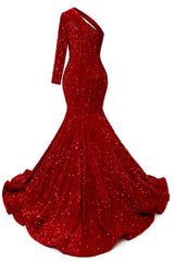 Burgundy Sequin Trumpet Sweep Train Long Sleeve Evening Dress