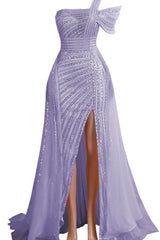 One-Shoulder Beading Sweep Train Backless Evening Dress