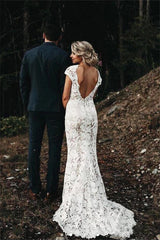 Cap sleeves Modern Backless Lace Ivory Court Train Beach Wedding Dress-stylesnuggle