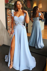 stylesnuggle offers Cap Sleeves Open Back Blue Evening Dress Chic Side Slit Appliques Prom Dresses On Sale at a cheap price from  to A-line hem. Gorgeous yet affordable.