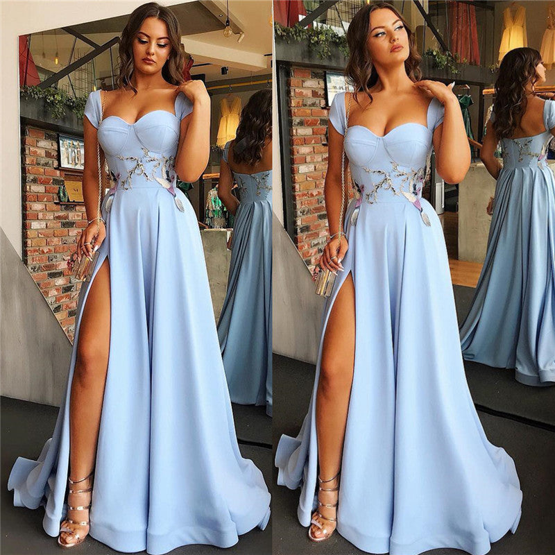 stylesnuggle offers Cap Sleeves Open Back Blue Evening Dress Chic Side Slit Appliques Prom Dresses On Sale at a cheap price from  to A-line hem. Gorgeous yet affordable.