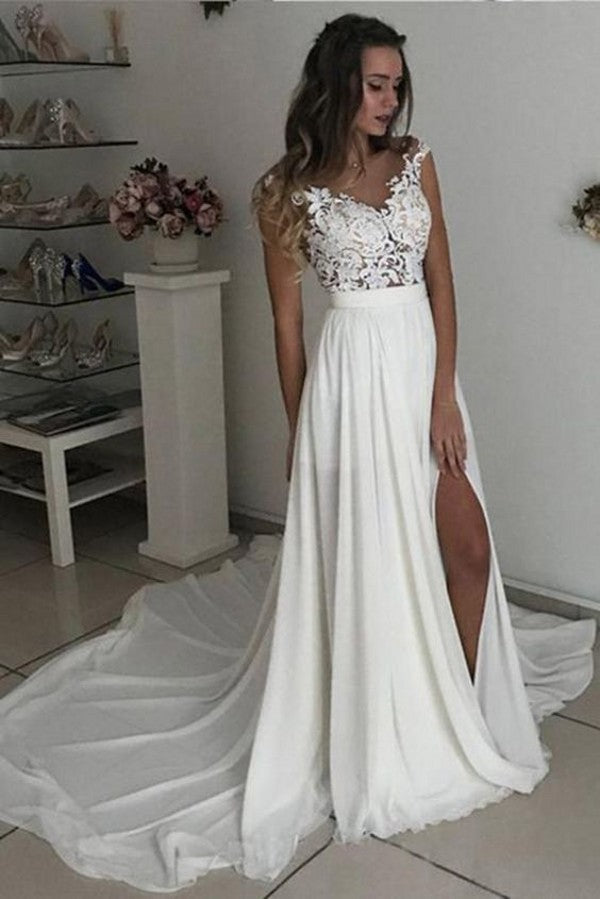 stylesnuggle offers Cap sleeves V-neck Chiffon Front split Court Train Wedding Dress at factory price.High quality promised, fast delivery worldwide.