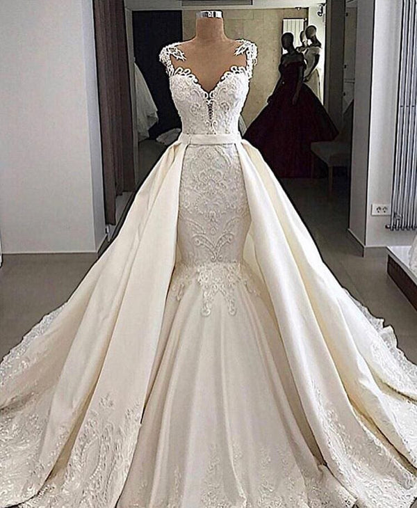 Any idea of dress for your big day? stylesnuggle custom made you this Cap sleeves Mermaid 2 in 1 Wedding Dresses with Overskirt.Fast delivery worldwide.