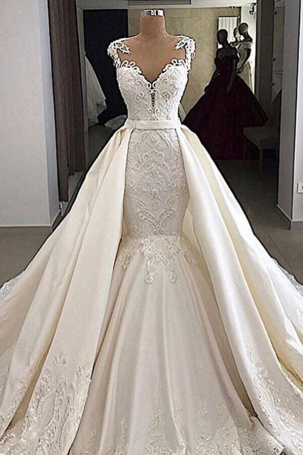 Any idea of dress for your big day? stylesnuggle custom made you this Cap sleeves Mermaid 2 in 1 Wedding Dresses with Overskirt.Fast delivery worldwide.