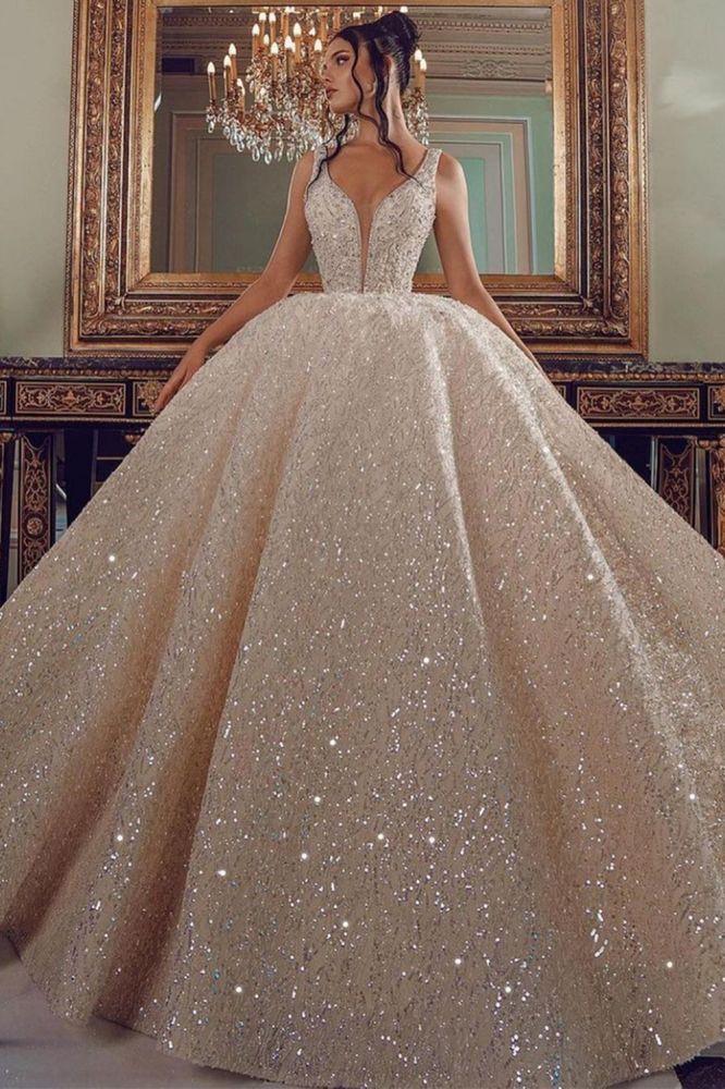 stylesnuggle offers Cathedral wedding dress V-Neck Aline Sequined Bridal Gowns Sleevelss at a good price, 1000+ styles, fast delivery.