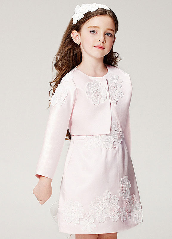 Champagne flower girl dress Outfit A Line Flower Applique Beaded Knee Length Pageant Dress With Jacket