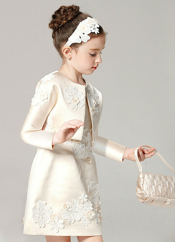 Champagne flower girl dress Outfit A Line Flower Applique Beaded Knee Length Pageant Dress With Jacket