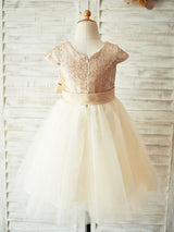 flower girl dresses Champagne Jewel Neck Short Sleeves Sash Kids Party Dresses