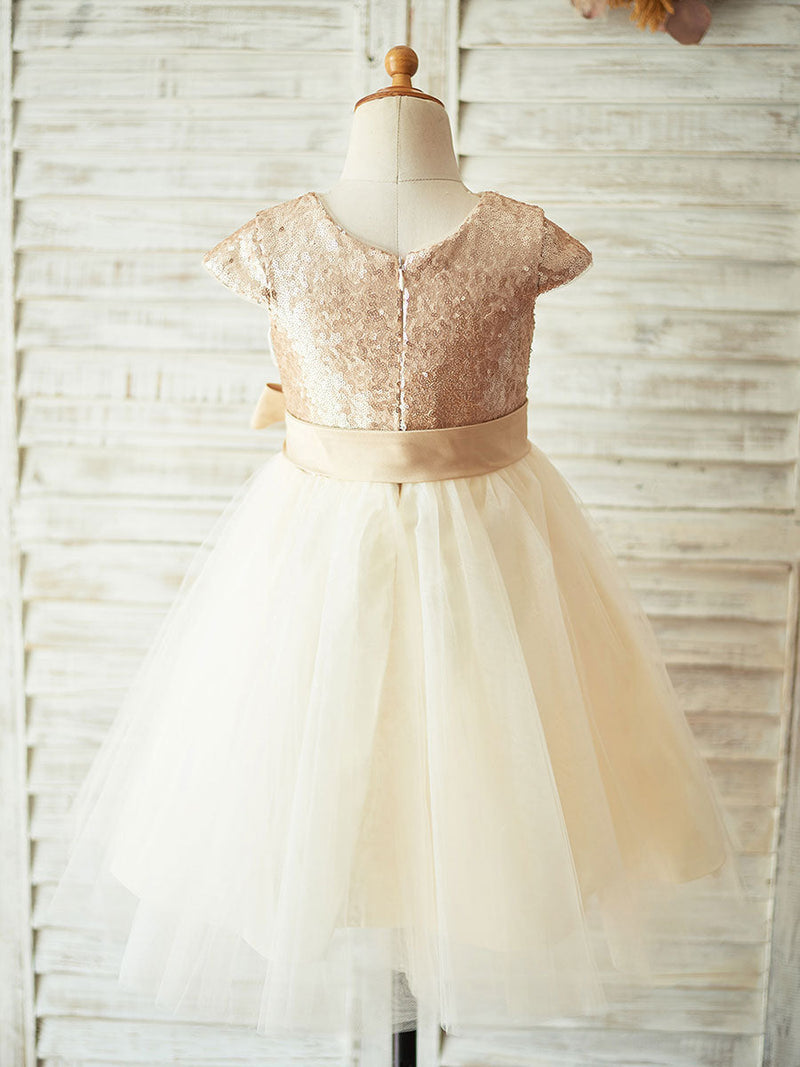 flower girl dresses Champagne Jewel Neck Short Sleeves Sash Kids Party Dresses