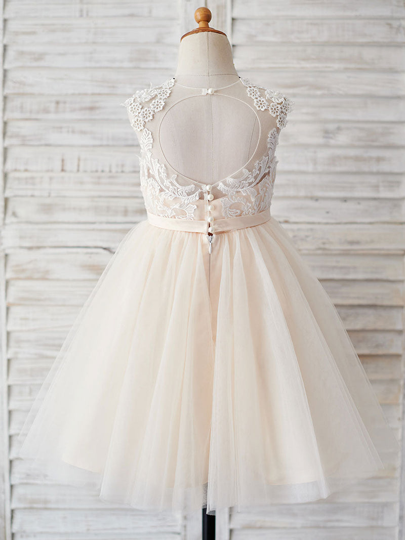 flower girl dresses Champagne Jewel Neck Sleeveless Pearls Kids Party Dresses