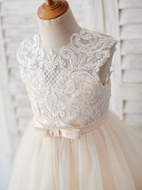 flower girl dresses Champagne Jewel Neck Sleeveless Pearls Kids Party Dresses