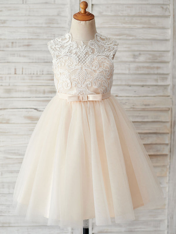 flower girl dresses Champagne Jewel Neck Sleeveless Pearls Kids Party Dresses