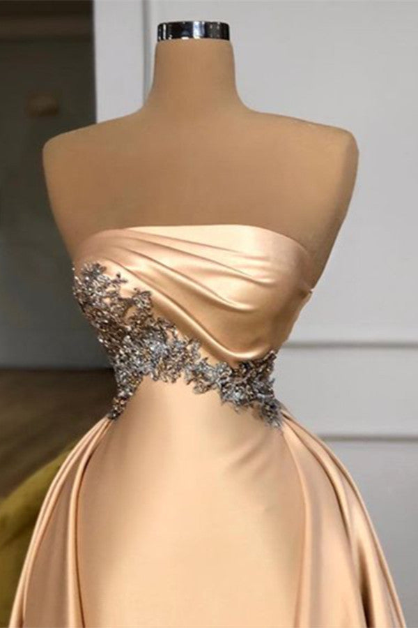 Champagne Strapless Overskirt Prom Dress Long With Crystals-stylesnuggle