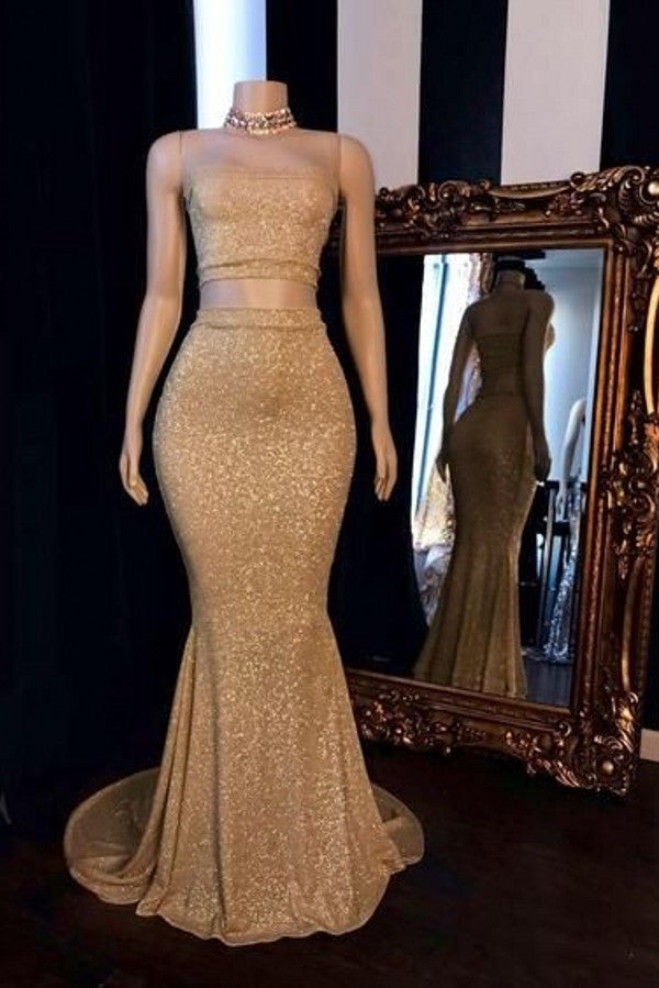 Looking for Prom Dresses, Evening Dresses, Real Model Series in Sequined,  Mermaid style,  and Gorgeous Sequined work? stylesnuggle has all covered on this elegant Champagne Two-piece Strapless Long Mermaid Prom Dresses with Choker.