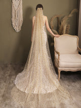 Champange Wedding Veil One-Tier Sequins Stars Tulle Finished Edge Waterfall Bridal Veils-stylesnuggle