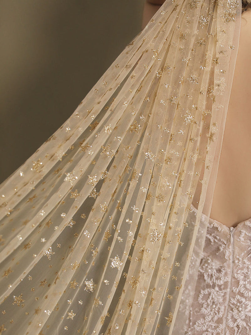 Champange Wedding Veil One-Tier Sequins Stars Tulle Finished Edge Waterfall Bridal Veils-stylesnuggle