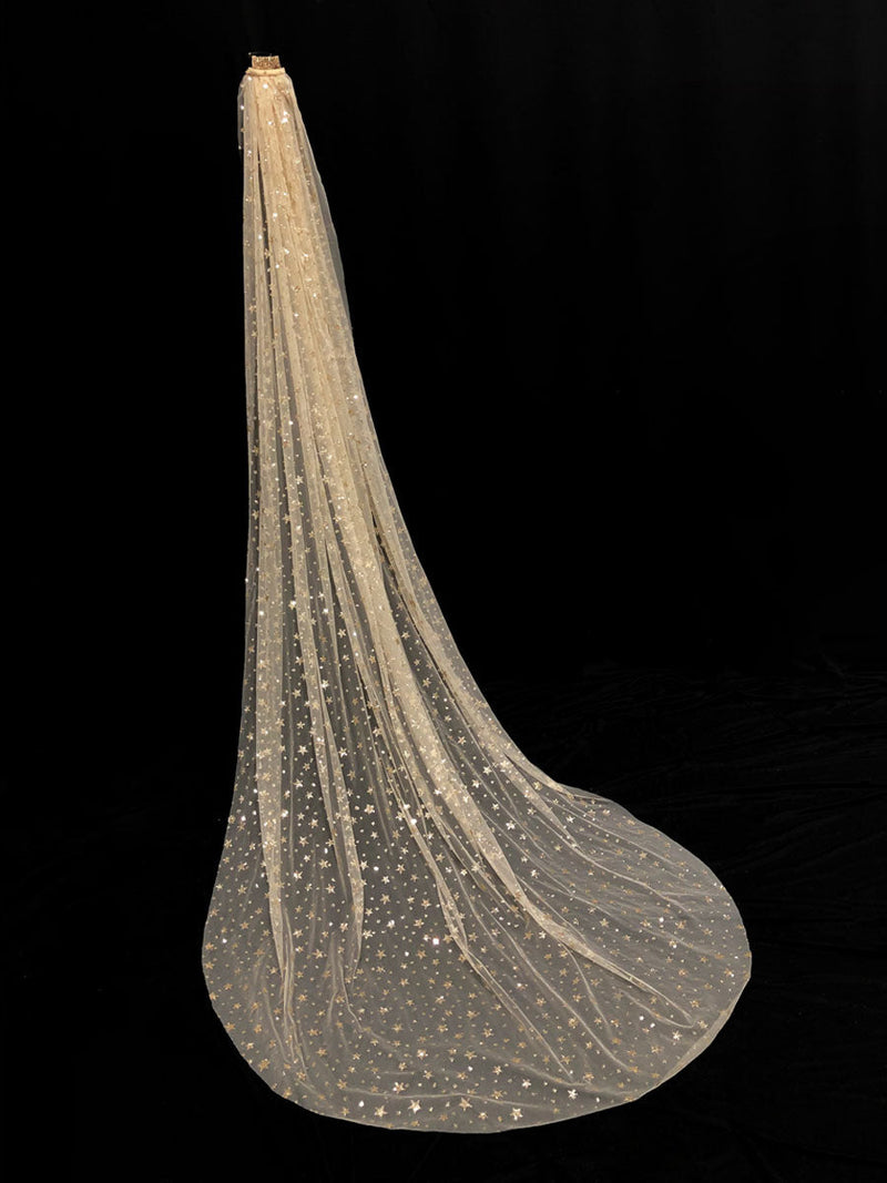 Champange Wedding Veil One-Tier Sequins Stars Tulle Finished Edge Waterfall Bridal Veils-stylesnuggle