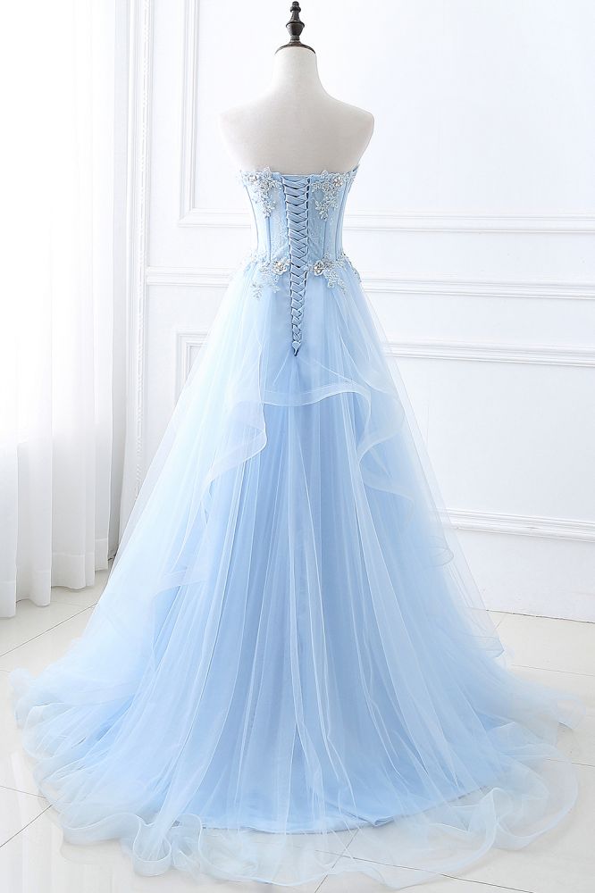 Looking for Prom Dresses in Organza,  Ball Gown style,  and Gorgeous Appliques work? stylesnuggle has all covered on this elegant CHARLIZE,Ball Gown Sweetheart Tulle Sky Blue Prom Party Gowns with Sequins.