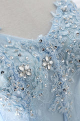 Looking for Prom Dresses in Organza,  Ball Gown style,  and Gorgeous Appliques work? stylesnuggle has all covered on this elegant CHARLIZE,Ball Gown Sweetheart Tulle Sky Blue Prom Party Gowns with Sequins.