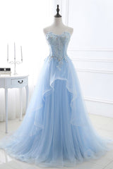 Looking for Prom Dresses in Organza,  Ball Gown style,  and Gorgeous Appliques work? stylesnuggle has all covered on this elegant CHARLIZE,Ball Gown Sweetheart Tulle Sky Blue Prom Party Gowns with Sequins.