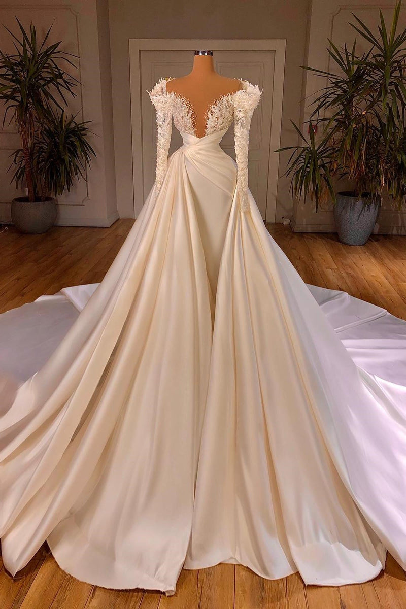 Charming A-Line Cathedral V-Neck Long Wedding Dress With Long Sleeves-stylesnuggle