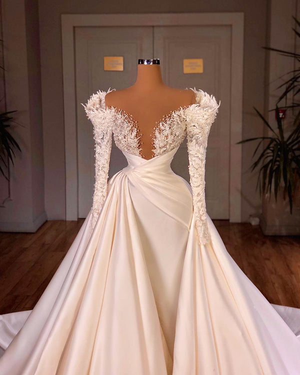 Charming A-Line Cathedral V-Neck Long Wedding Dress With Long Sleeves-stylesnuggle