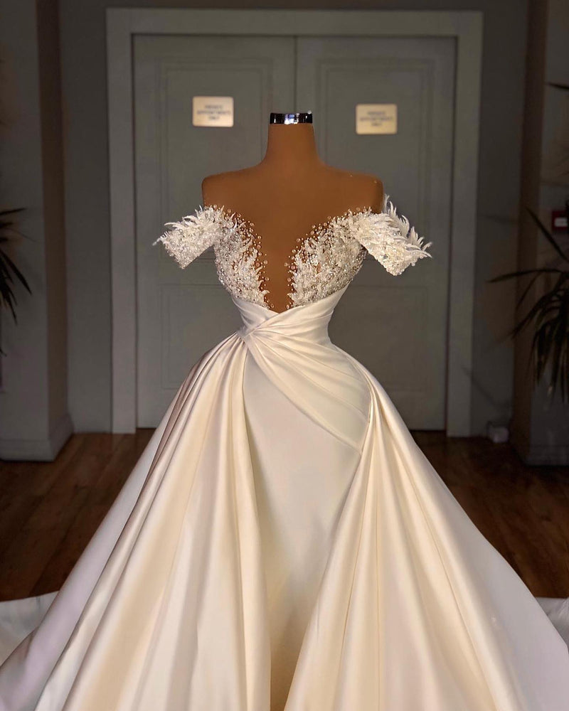 Charming A-Line Off-the-shoulder Cathedral V-Neck Long Wedding Dress-stylesnuggle