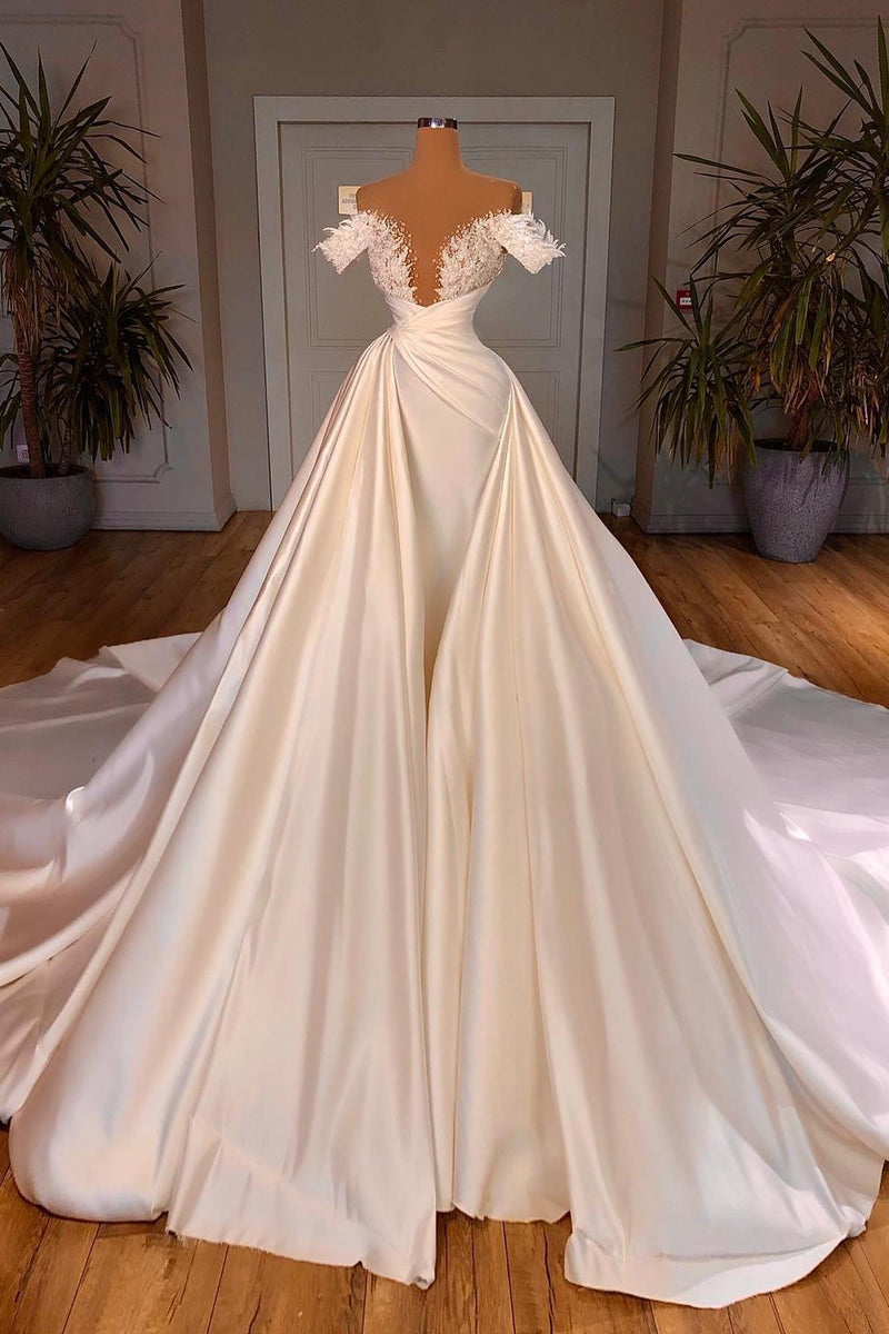 Charming A-Line Off-the-shoulder Cathedral V-Neck Long Wedding Dress-stylesnuggle