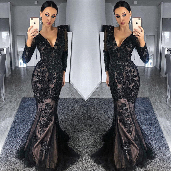 Wanna Prom Dresses, Evening Dresses in Tulle,  Mermaid style,  and delicate Appliques work? stylesnuggle has all covered on this elegant Charming Black Tulle Nude Lining Evening Dresses with Sleeves Elegant Long Sleeves Beads Appliques Prom Dresses yet cheap price.