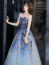 Evening Dress A-Line Strapless Matte Satin Floor-Length Pleated Sequined evening dress