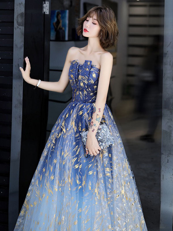 Evening Dress A-Line Strapless Matte Satin Floor-Length Pleated Sequined evening dress