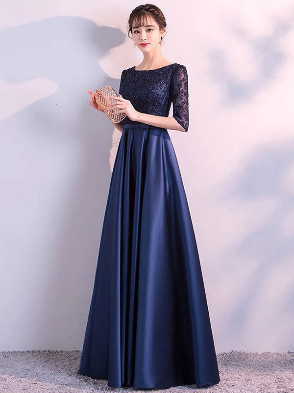 Evening Dresses Dark Navy Long evening dress Lace Satin Bow Sash Half Sleeve Formal Gowns