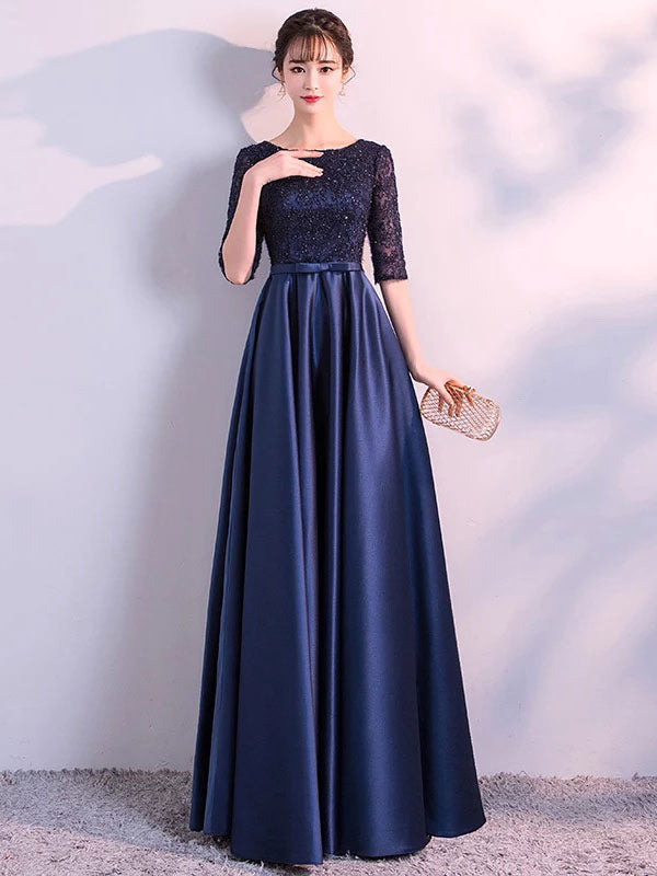 Evening Dresses Dark Navy Long evening dress Lace Satin Bow Sash Half Sleeve Formal Gowns