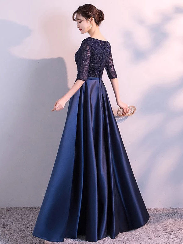 Evening Dresses Dark Navy Long evening dress Lace Satin Bow Sash Half Sleeve Formal Gowns